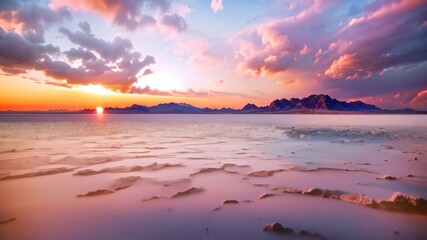 Poster - Colorful sunset over the lake. Dramatic sky with cumulus clouds, Great Salt Lake, Utah, an amazing travel picture