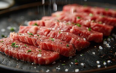 Wall Mural - Raw organic beef meat on black stone board with spices and fresh herbs
