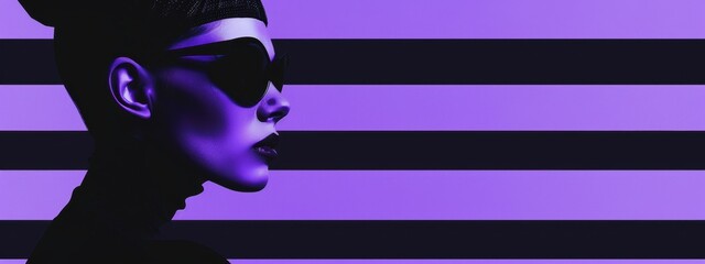 Unique fashion for women, fashion photography, black and purple stripes, modern simplicity.