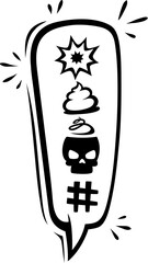 Poster - Comic swear speech bubble or cartoon aggressive expletive curse, vector doodle exclamation point. Hate angry talk with bad word speech cloud or explicit swear shout with skull and shit symbols