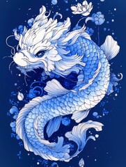 Poster - Blue Dragon Koi Fish Illustration