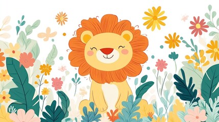 Canvas Print - Cute lion with a bright smile sitting in a flower garden.