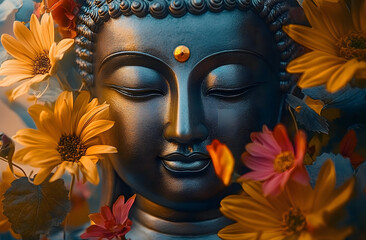 Wall Mural - Close Up of Buddha Statue Surrounded by Flowers