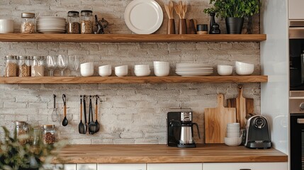 Wall Mural - Kitchen interior with wooden utensils on countertop in modern kitchen