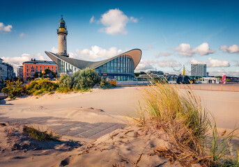 Poster - Windy summer view of technology museum - Warnemunde lighthouse. Amazing morning cityscape of Warnemunde port on the Baltic Sea, Germany, Europe. Traveling concept background..