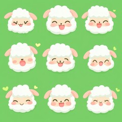 Wall Mural - Nine cute cartoon sheep faces with different expressions.