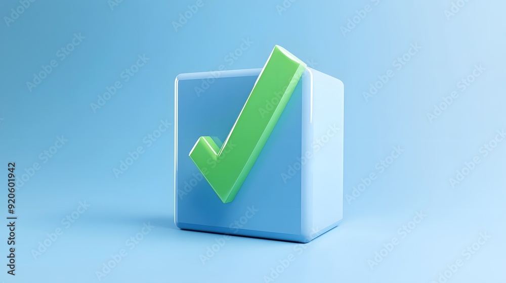 Check Mark Cube 3D rendering of a blue cube with a green check mark symbol ...