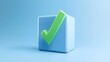 © Tackey - 3D rendering of a blue cube with a green check mark symbol, illustrating approval or completion on a light blue background.