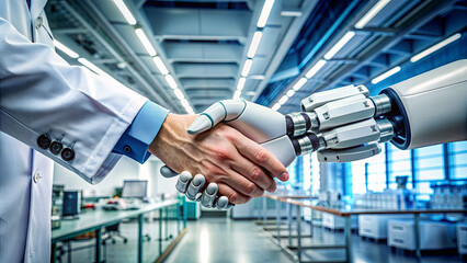 Poster - A human and a robotic hand engage in a handshake, showcasing partnership between technology and humanity in a high-tech lab setting
