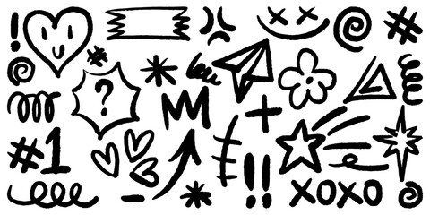 Leinwandbilder - Bold brush Hand drawn doodle style collection of heart, scribble, star, check mark, spirals, sparkles, lightning, and emphasis element. use for concept design.
