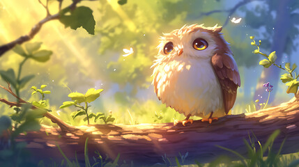 Wall Mural - a cute owl, A wise owl in a fairy forest, cartoon style, 3d rendering, Generative AI