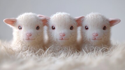 Poster - Three adorable white lambs with fluffy fur sit together on a white fur background.