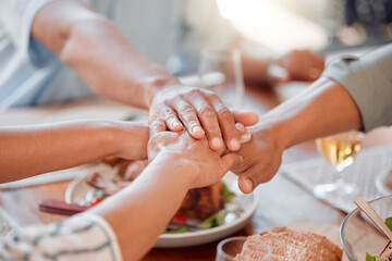 Sticker - Hands, huddle and prayer for dinner with family at table in home together for thanksgiving meal. Food, party and praying with group of people in dining room of apartment for bonding or festive feast