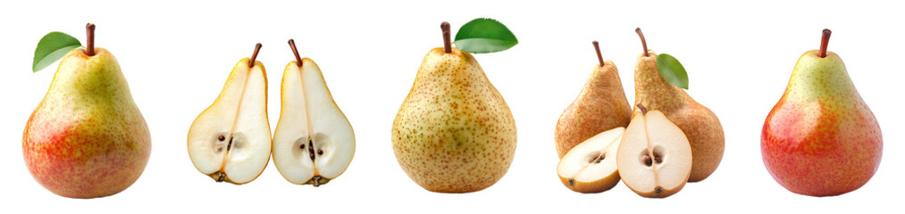 pear set png. set of pears isolated. pear fruit during fall autumn harvest isolated. vegan vegeterian food. bunch of pears png. sliced pear isolated