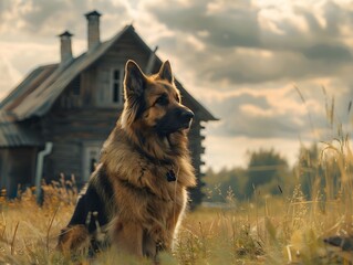 Wall Mural - A German Shepherd sits proudly in a field near a rustic wooden house during sunset