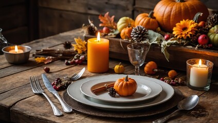 Fall table setting for Thanksgiving day or family gathering dinner. Plates, silverware, floral and fruits decoration, candles and pumpkins over rustic wooden table background