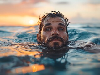 A man swims in the ocean during sunset, enjoying the warm colors reflecting on the water in a tranquil scene