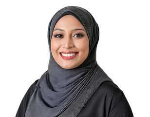 Portrait of a Smiling Arab Middle Eastern Woman in a Black Hijab, Isolated on a Transparent Background, Highlighting Cultural Beauty and Joyful Expression