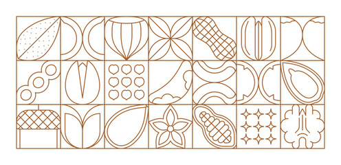 Nuts and beans modern geometric pattern with vector line almond, walnut, peanut and hazelnut. Abstract shapes background with outline chestnut, pecan and cashew, pistachio and acorn square tiles