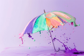 Vibrant umbrella with multicolored paint splashes trailing behind on a pastel gradient background. ai