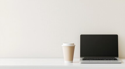 Canvas Print - Laptop and Coffee Cup on White Desk.