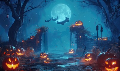 ghost pumpkins in enter gate of graveyard in forest scary night