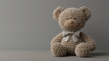 A plush teddy bear sits on a grey surface in front of a grey wall.