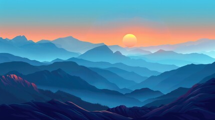 Wall Mural - Mountain sunrise illustration in flat design. Scenic and breathtaking view.