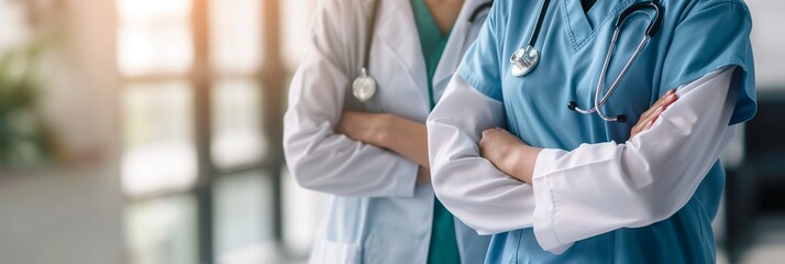 Two healthcare professionals in medical attire standing confidently with arms crossed, exemplifying trust, expertise, and dedication in the medical field.