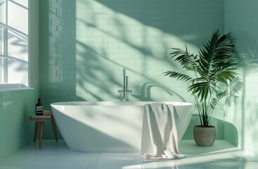 Poster - Bright bathroom with white tiles, mint green walls and a freestanding bathtub in the center of the room. A towel is laid out on one side of it, and there's an indoor plant next to the tub. 