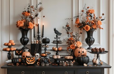 Poster - A spooky Halloween party table decorated with pumpkins, macarons and skull cookies. Decorations include black vases with orange flowers, candles in candle holders on top of an elegant sideboard.