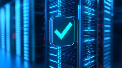 Modern data center with blue lights, server racks, and a digital check mark, representing security and efficient data management.