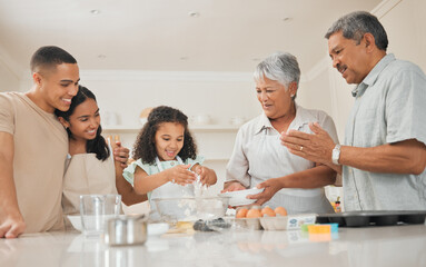 Poster - Parents, grandparents and child with baking in kitchen with flour for support, learning and teaching cake recipe in home. Big family, girl kid and prepare ingredients for cooking education or bonding