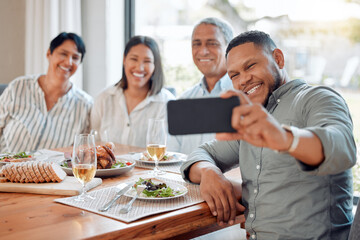 Poster - Lunch, home and family with food, selfie or love with celebration, thanksgiving or social gathering. Group picture, event or people with smile, healthy meal and photograph with party and happy memory