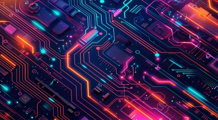 Poster - An abstract view of a complex circuit board lit with neon colors and patterns, showcasing technology