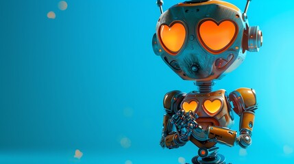 Wall Mural - A cartoon robot with hearts for eyes stands against a blue background.