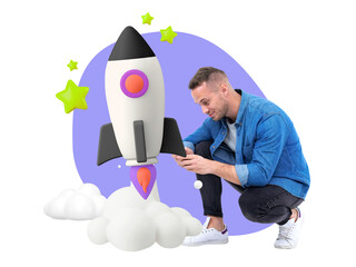 Sticker - Business entrepreneur png launching rocket, startup 3D remix, transparent background