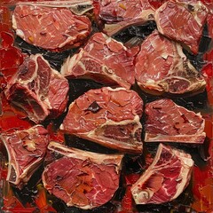 Wall Mural - Red raw meat pieces on a wooden board

