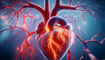 Wall Mural - AI-generated illustration of the human cardiovascular system, showing the heart with arteries