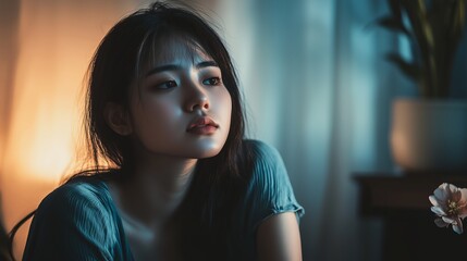 Wall Mural - Young woman gazing thoughtfully in a dimly lit room with soft blue lighting