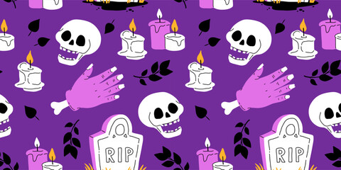 Wall Mural - Purple, orange yellow and black seamless prints with Halloween decorative elements - ghost, pumpkin, sculls. Cute vector characters, decor objects - sweets, pumpkin, witch, ghost, bat. Pattern design