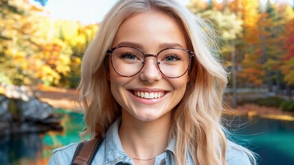 Wall Mural - A woman with blonde hair and glasses is smiling at the camera. She is wearing a blue shirt and has a backpack on her back. The scene takes place near a body of water