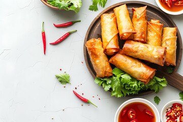 Board and plate of tasty Spring rolls with on white background.