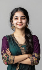 Canvas Print - Young indian girl giving happy expression on white background