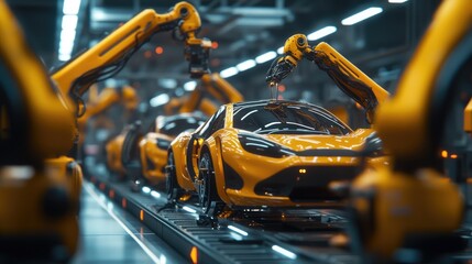 Poster - Automated electric car assembly line with futuristic robotics, representing the future of automotive manufacturing.