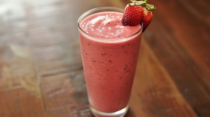 Wall Mural - A glass of fresh strawberry smoothie with a strawberry on top.