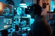 © milly777 - Young male developer working on VR project, computer screens and VR models around, soft office lighting