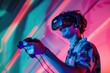© milly777 - A gamer actively playing a VR game, surrounded by a vibrant gaming environment, action shots, colorful dynamic lighting. Horizontal