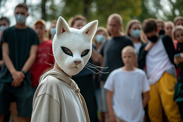 Wall Mural - Teenager wearing a white cat mask performing quadrobics in front of a crowd of people, illustrating modern subcultures and performance art