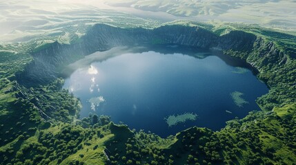 Wall Mural - Aerial view of a caldera lake formed in an extinct volcano, showing its unique ecosystem